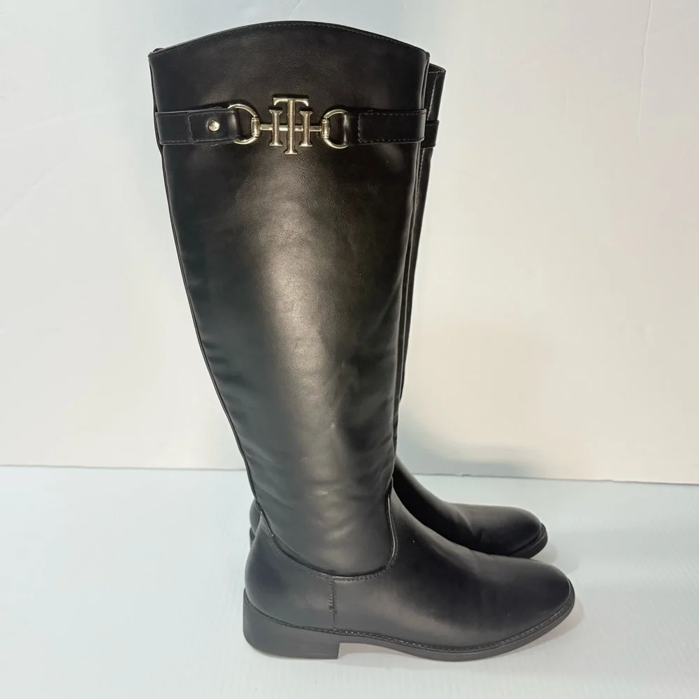 Tommy Hilfiger Inezy Black Knee High Equestrian Boots Side Zip Block Heel Sz6
